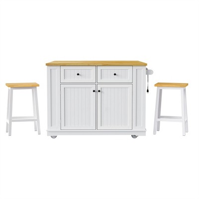 OUTSUPPLY Large Kitchen Island with Power Outlet, Drop Leaf, 5 Wheels, Internal Storage Racks, 2 Drawers & Open Shelves