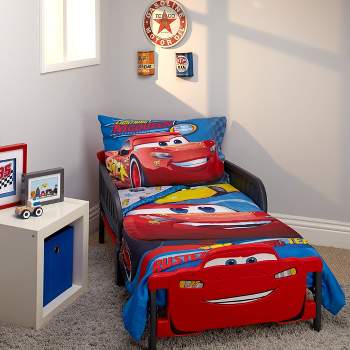 Disney Cars Rusteze Racing Team Blue, Red , and Yellow Amigo Cruz Ramirez and Jackson Storm 4 Piece Toddler Bed Set