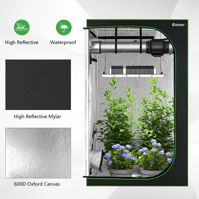 Costway 4x4 Grow Tent, 48''x48''x80'' High Reflective Mylar w/Observation Window Gray\Black, 4 of 10