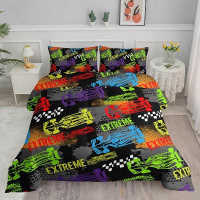 Race Car Comforter Set Twin Size – 3Pcs Extreme Sports Bedding with Cool Cars & Checkered Flags, Boys Girls Men Quilt Set with 2 Pillowcases