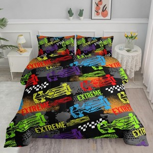 Race Car Comforter Set Twin Size – 3Pcs Extreme Sports Bedding with Cool Cars & Checkered Flags, Boys Girls Men Quilt Set with 2 Pillowcases - 1 of 4