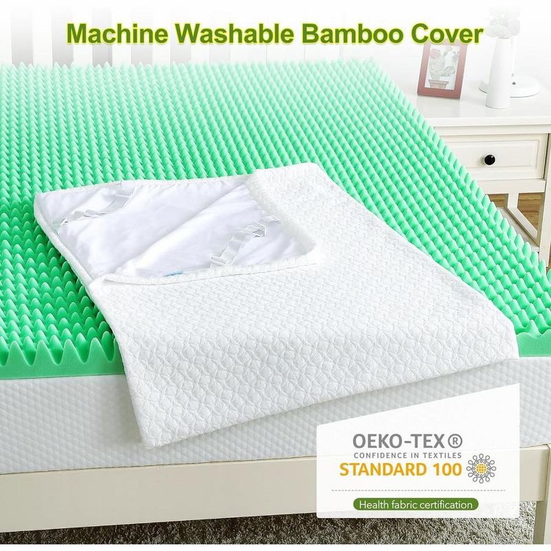 Egg Crate Memory Foam Mattress Topper with Green Tea Infusion, Bed Topper Pad with Removable Cover, 4 of 6