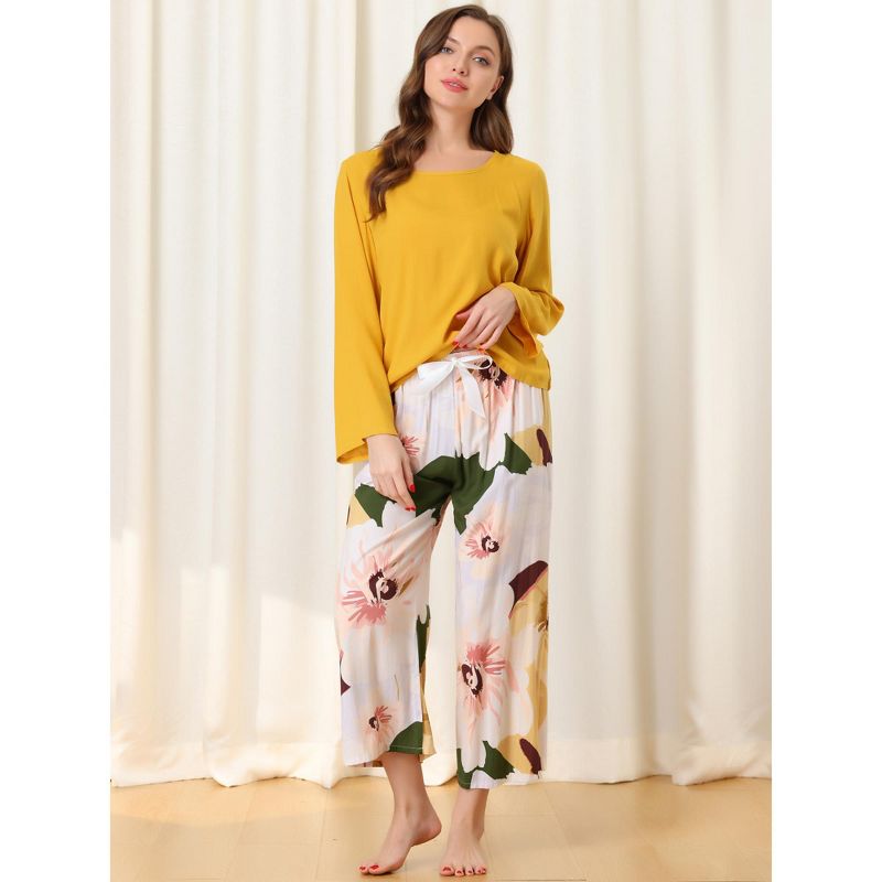 cheibear Womens 2pcs Long Sleeve Capri Pants Floral Lounge Set Sleepwear Pajama Sets, 2 of 6