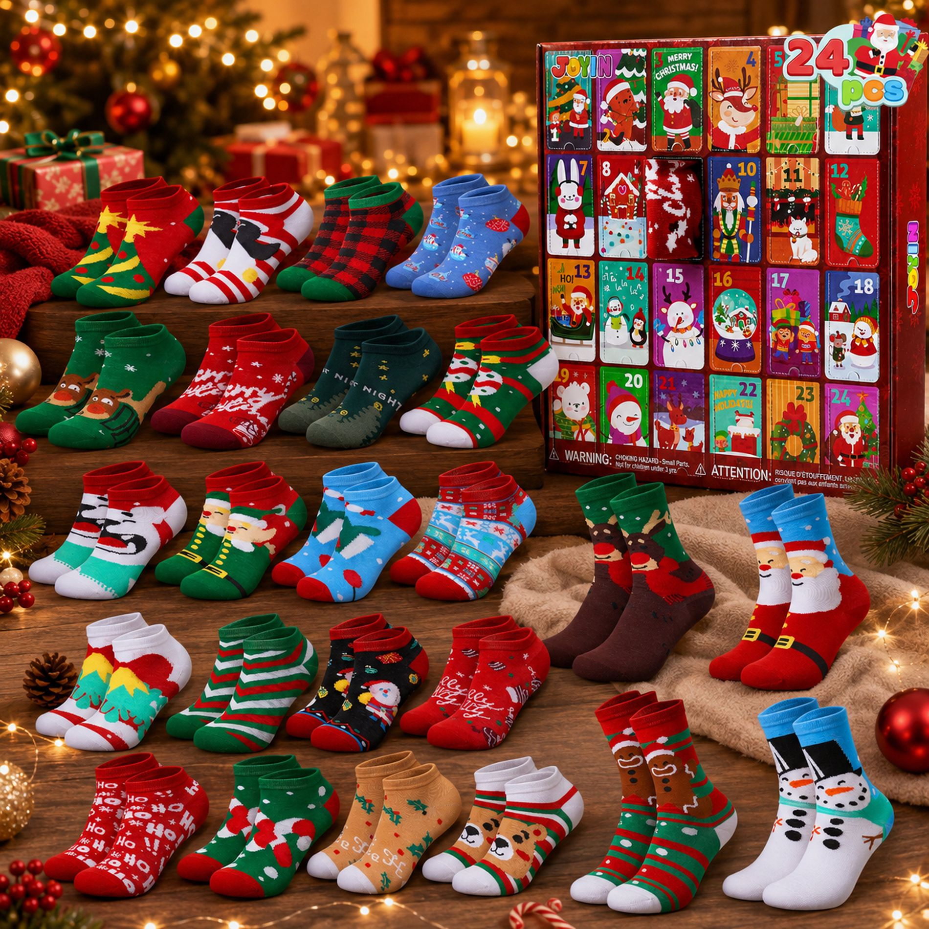 Joyfy 2026 Christmas Advent Calendar with 24 Days of Warm Cotton Socks for Adults, 20 Low Cut & 4 Knee High Xmas Countdown Accessories and Party Favor