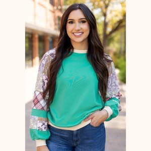 Aruba Blue Plaid Vintage Paisley Patchwork Long Sleeve Raglan Top - 1 of 1