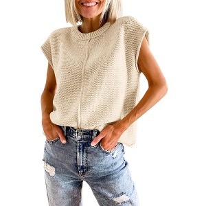 BLUEMING Womens Tank Tops Cap Sleeves Casual Crew Neck Loose Fit Knit Lightweight Pullover Sweater - 1 of 4