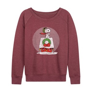 Women's - Peanuts - Snoopy Christmas House Lightweight French Terry Wide Neck Long Sleeve Graphic Shirt - 1 of 4