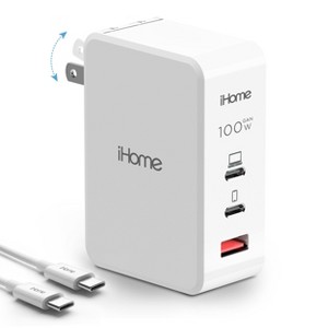 iHome 100W Universal GaN Charger, USB-C Cable, Fast Charging, Powers 3 Devices, Travel-Friendly - 1 of 4