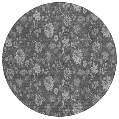 Gray Charcoal And Silver Floral Washable Indoor Outdoor Area Rug