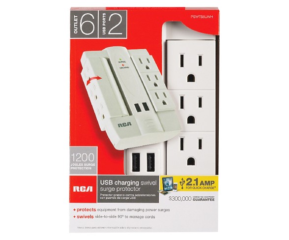 RCA Wall Tap Surge Protector with 6 Pivoting Outlets - White (PSWTS6BR)