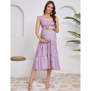 Clearlove Women Maternity Floral Dress Summer Sleeveless Ruffle Square Neck Dress - 1 of 4