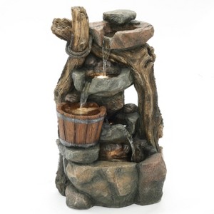 LuxenHome Resin Stacked Rock Wall and Barrel Outdoor Fountain with Lights - 1 of 4