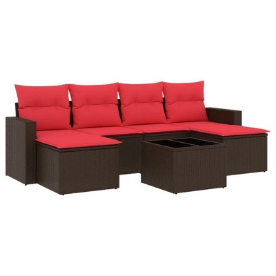 vidaXL 7 Piece Patio Sofa Set with Cushions Brown Poly Rattan - Brown and Red With Table
