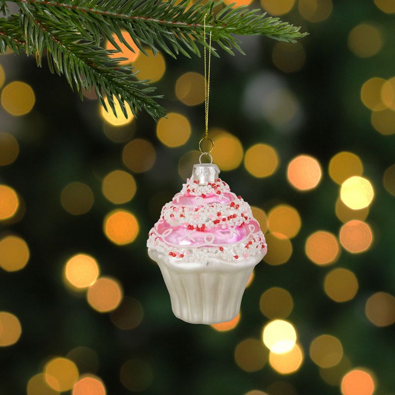 Northlight 4" Pink and White Cupcake with Sprinkles Glass Christmas Ornament, 2 of 5