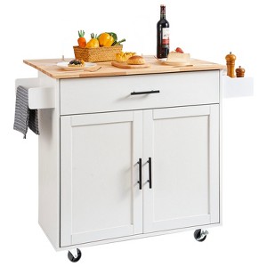 VEVOR Kitchen Island Cart with Solid Wood Top,35.4" Width Mobile Carts with Storage Cabinet, Rolling Kitchen Table with Spice Rack, Towel Rack, White - 1 of 4