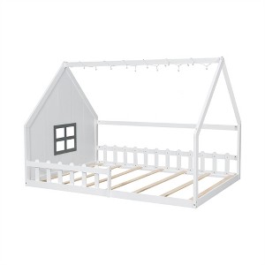 COWLOWN Full House Bed with Window & Fence, Wooden Playhouse Bed Frame, No Box Spring Needed - 1 of 4