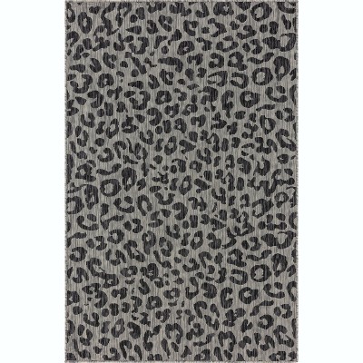 Light Gray and Black Leopard Print Outdoor Synthetic Rug