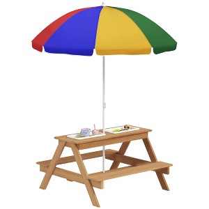 Qaba Kids Picnic Table, Wooden Outdoor Table & Bench Set with Removable Umbrella for Patio, Backyard, Mixed Color - 1 of 4
