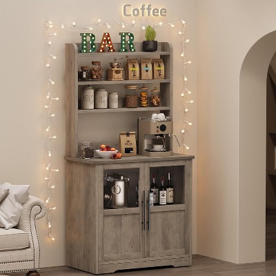 Bakers Rack with Storage Cabinet and Power Outlets, Farmhouse Microwave Stand with Thick Table Top, for Kitchen,Dining Room, Gray