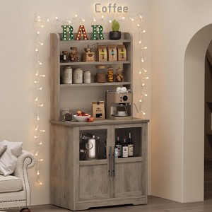 Bakers Rack with Storage Cabinet and Power Outlets, Farmhouse Microwave Stand with Thick Table Top, for Kitchen,Dining Room, Gray - 1 of 4