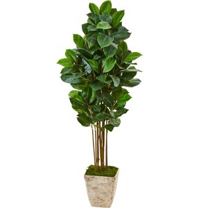 Nearly Natural 63-in Rubber Leaf Artificial Tree in Country White Planter - 1 of 2