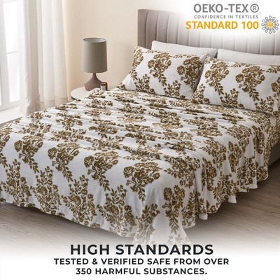Full Olive Toile Print Velvet Plush Microfiber Sheet Set