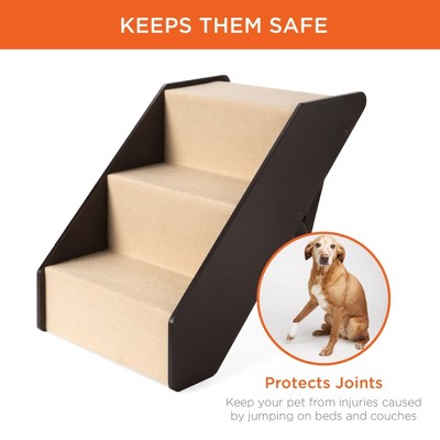 Adjustable 3-Step Dark Brown and Beige Wooden Pet Stairs