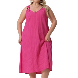 Agnes Orinda Women's Plus Size Elegant Texture V-Neck Sleeveless Pleated Back Midi Dress - 1 of 4