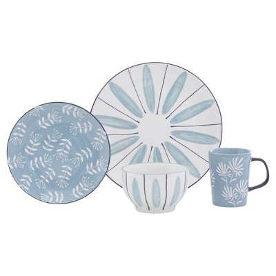 Baum Bros. 16pc Stoneware Canopy Dinnerware Set Blue/White: Floral Botanical Pattern, Service for 4, Dishwasher-Safe