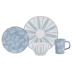 Baum Bros. 16pc Stoneware Canopy Dinnerware Set Blue/White: Floral Botanical Pattern, Service for 4, Dishwasher-Safe - 1 of 4