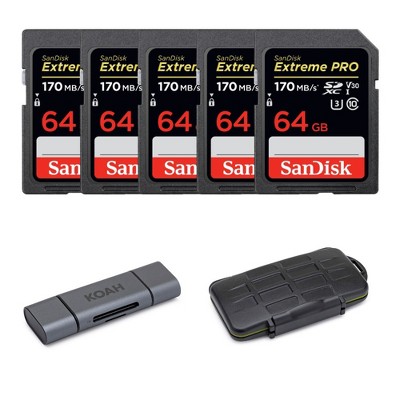 SanDisk 64GB (5-Pack) Extreme PRO Memory Card with Storage Case, Card Reader