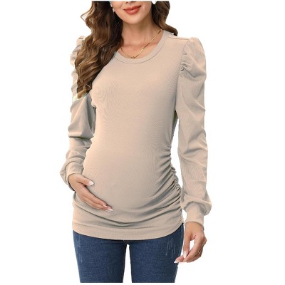 Ribbed Maternity Tunic with Puff Sleeves Mock Neck Ruched Sides