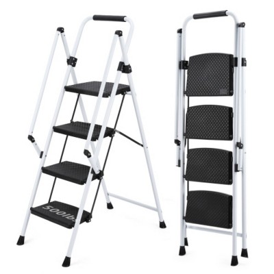 Syemin Ladders Light Folding 4 Step Stool Wide Anti-Skid Pedal, Strong Steel Ladder, Multi-purpose Folding Portable Ladder, White, 35"*35"*54.33"
