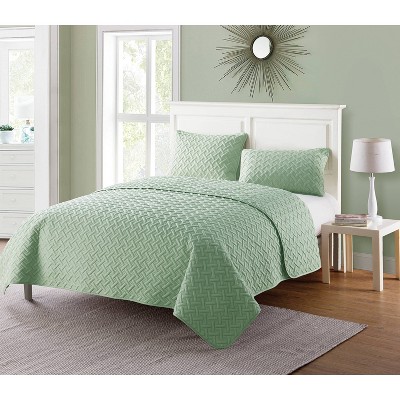 Green Twin Reversible Microfiber Basketweave Quilt Set