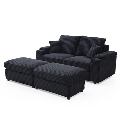 VYNXARIA Loveseat with Ottomans,Corduroy Fabric Modular Sectional Sofa,Comfy Deep Plush Couch with Ottomans and Two Pillows,Black