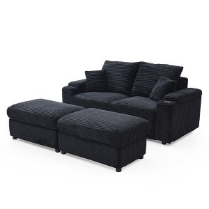 VYNXARIA Loveseat with Ottomans,Corduroy Fabric Modular Sectional Sofa,Comfy Deep Plush Couch with Ottomans and Two Pillows,Black - 1 of 4