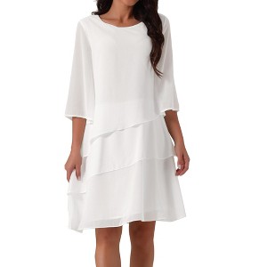 INSPIRE CHIC Women's Round Neck Semi Sheer 3/4 Bell Sleeve Asymmetrical Layered Tiered Midi Dress - 1 of 4