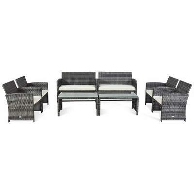 Tangkula 8PCS Patio Outdoor Rattan Furniture Set w/ Cushioned Chair Loveseat Table