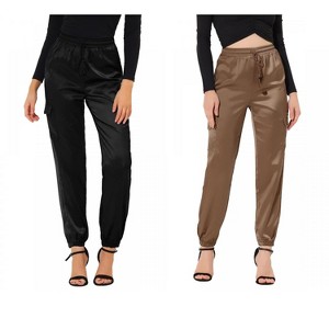 Allegra K Women's Drawstring Elastic High Waist Cargo Pocket Silky Satin Pants 2 Packs - 1 of 4