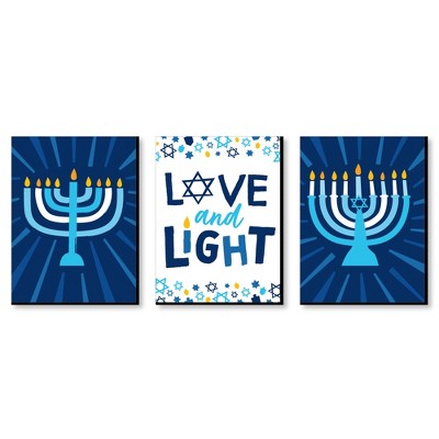 Big Dot of Happiness Hanukkah Menorah - Chanukah Wall Art and Holiday Home Decor - 7.5 x 10 inches - Set of 3 Prints