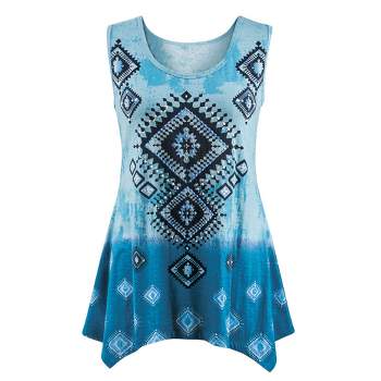 Collections Etc Sleeveless Black Diamond Embroidered Aztec Pattern Sequined Sharkbite Top with Scoop Neckline