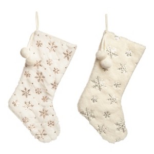Transpac Plush Fuzzy Silver & Gold Snowflake Stocking Set of 2 Christmas Home Decorations - 1 of 1
