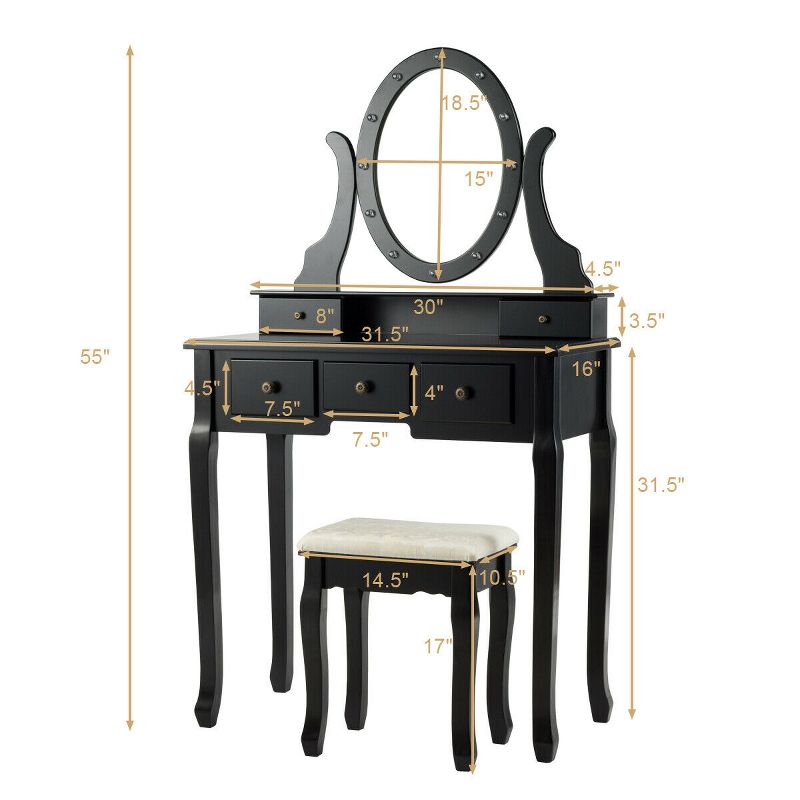 Tangkula Lighted Vanity Mirror Set Makeup Dressing Table w/ 5 Drawers Mirror & 12 LED Bulbs Black, 3 of 8