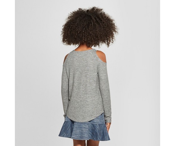 Grayson Social Girls' 'Dog Lover' Cold Shoulder Long Sleeve T-Shirt - Charcoal Heather XS