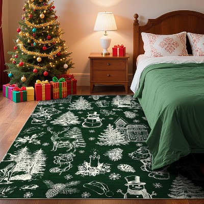 GustoWave Washable Christmas Floor Area Rug, Low Pile Christmas Printed Carpet, Green