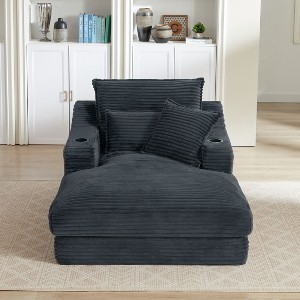Pexfix 47" Oversized Chaise Lounge Chair Fluffy Corduroy Boneless Sleeper Sofa Couch with Cupholders and 3 Throw Pillows for Living Room Dark Gray - 1 of 4
