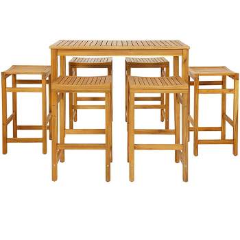 Costway 7 PCS Acacia Wood Bar Table Set 45" Rectangular Dining Table & 6 Saddle Stools