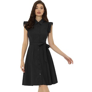 Allegra K Women's Cotton Ruffled Cap Sleeve Tie Waist Button Casual Office Shirt Dress - 1 of 4