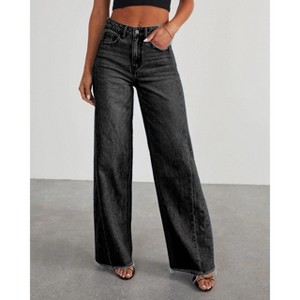 Women's Wide Leg Denim Pants with Side Seam Contrast Panel Raw Hem Jeans Casual High Waisted Trousers Black S - 1 of 4