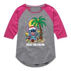 Girls' - Lilo and Stitch - Deck The Palms Christmas Shirt Tail Raglan Graphic T-shirt - 1 of 4
